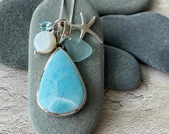 NEW! Sterling Silver Teardrop Larimar Necklace with Sea Foam Genuine Sea Glass and Starfish Charm