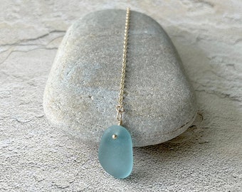 Gold Plated "Y Style" Necklace with Extremely Rare Teal Genuine Sea Glass