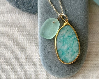 24K Gold Vermeil Teardrop Green Gemstone with Genuine Sea Glass Necklace