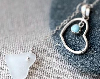 NEW! Small Outline Heart Larimar Necklace: Sterling Silver with Sea Glass Heart