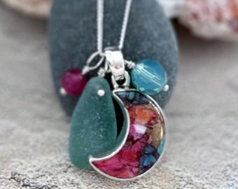 Sterling Silver Oyster Turquoise Moon Pendant, Genuine Sea Glass Necklace