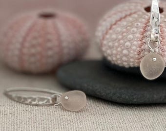 Contemporary Sleek SS Hammered Earrings with Rare Pink Genuine Sea Glass