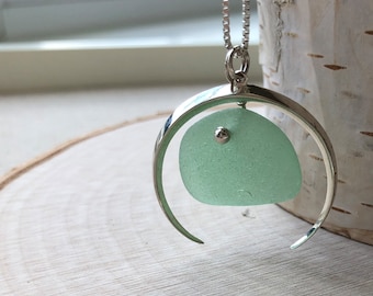 On Trend Ridged Sterling Crescent Moon Pendant with Green Seafoam Genuine Sea Glass