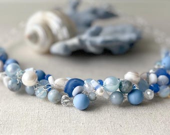 NEW! Light Blue with Sea Glass Wire Crochet Necklace and Earrings
