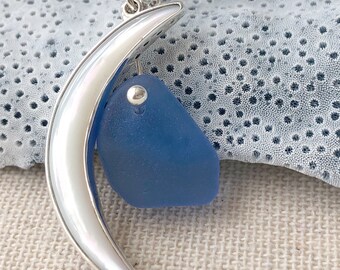 On Trend Sterling Silver Mother of Pearl Moon Pendant with Rare Cornflower Bluel Genuine Sea Glass