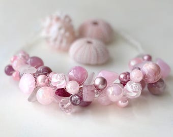 NEW! Pink Vintage Rose Bead and Sea Glass Wire Crochet Necklace and Earrings