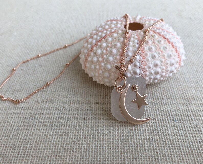 TRENDING Rose Gold Crescent Moon and Star Necklace with Rare Pink Genuine Sea Glass