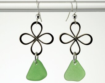 Four Leaf Clover SS Earrings with Kelly Green Genuine Sea Glass