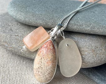 Sterling Silver Fossilized Pendant: Genuine Sea Glass Necklace