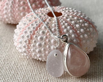 Darling Sterling Silver Pink Quartz Teardrop with Rare Pink Genuine Sea Glass