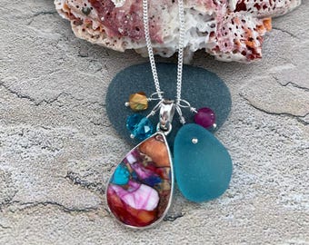 Sterling Silver Oyster Pink and Turquoise Teardrop Pendant, Genuine Sea Glass Necklace