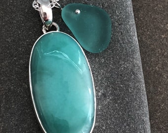 Sterling Silver Oval Larimar Necklace with Extremely Rare Teal Genuine Sea Glass