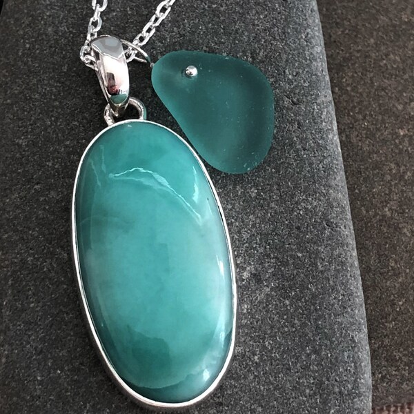 NEW! Sterling Silver Oval Larimar Necklace with Extremely Rare Teal Genuine Sea Glass