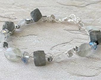 Single Strand Gray Labradorite Gemstone with Genuine Sea Glass Crochet Bracelet