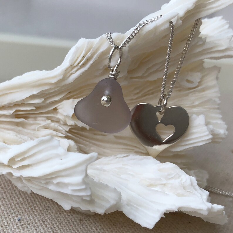 Sterling Silver Heart Charm with Rare Amethyst Genuine Sea Glass Necklace image 1