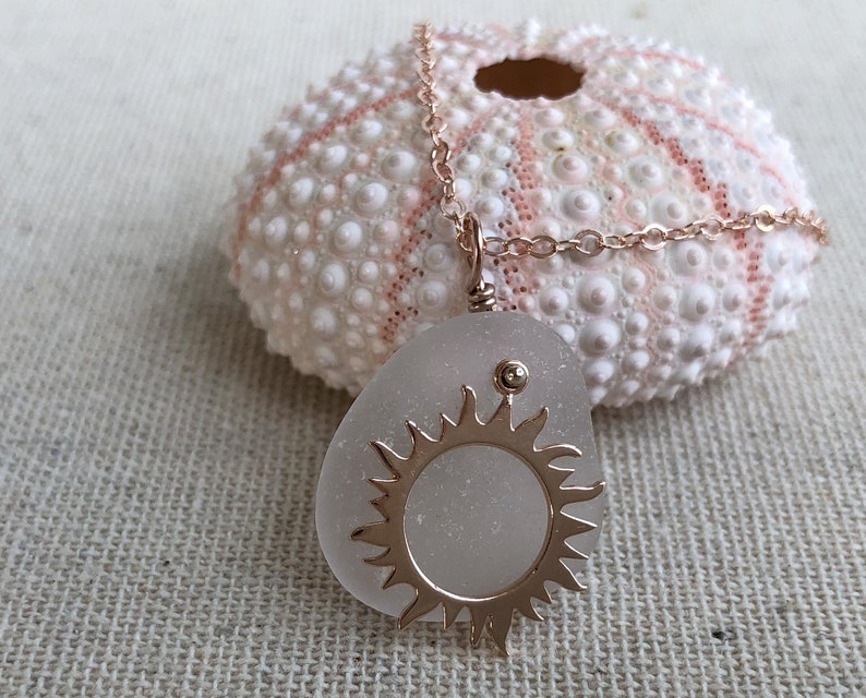 TRENDING Rose Gold Sun Charm Necklace with Rare Pink Genuine Sea Glass
