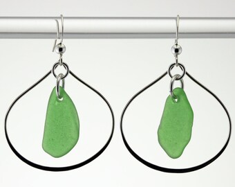 Large Teardrop Sterling Silver Earrings with Kelly Green Genuine Sea Glass