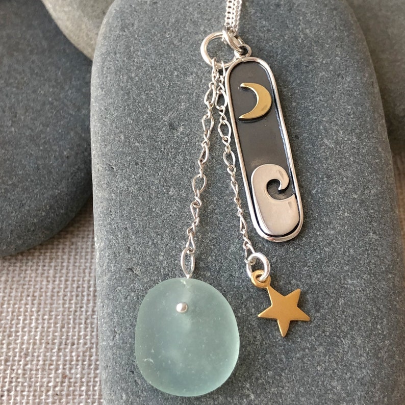 Star and Genuine Sea Glass Necklace Sterling Silver Wave Pendant with Bronze Moon