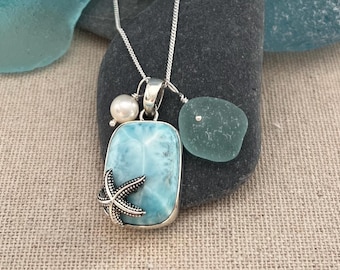 NEW! Sterling Silver Starfish Larimar Necklace with Sea Glass and Pearl