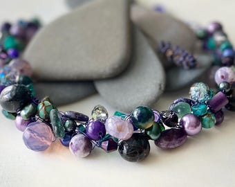 Long Purple Peacock Wire Crochet Necklace with Extremely Rare Teal Genuine Sea Glass
