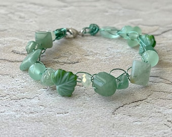 Single Strand Green Leaf with Genuine Sea Glass Crochet Bracelet