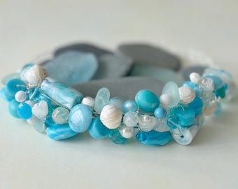 NEW! Bright Blue with Sea Glass Wire Crochet Necklace and Earrings