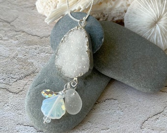 New! Sparkly White Druzy Pendant with White Genuine Sea Glass