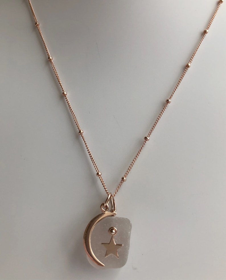 TRENDING Rose Gold Crescent Moon and Star Necklace with Rare Pink Genuine Sea Glass