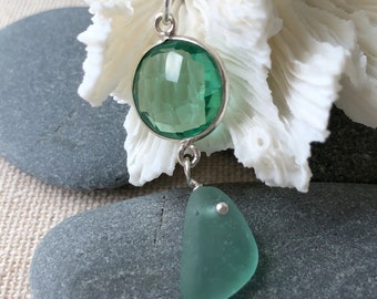 Sterling Silver Green Round Gemstone Bezel with Extremely Rare Teal Genuine Sea Glass Necklace