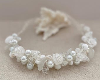 NEW! Vintage Rose Bead and Sea Glass White Wire Crochet Necklace and Earrings