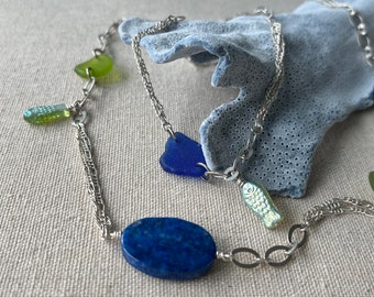Silver Plate Long Chain Necklace with Lapis and Lime Genuine Sea Glass