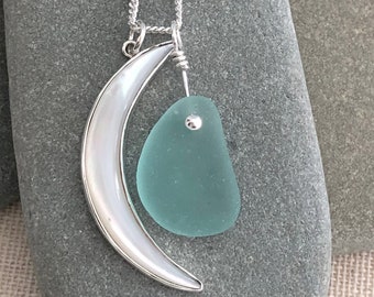 On Trend Sterling Silver Mother of Pearl Moon Pendant with Extremely Rare Light Teal Genuine Sea Glass