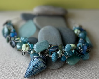 Wire Crochet Necklace & Earrings: Sea Glass, Kyanite, Angelite