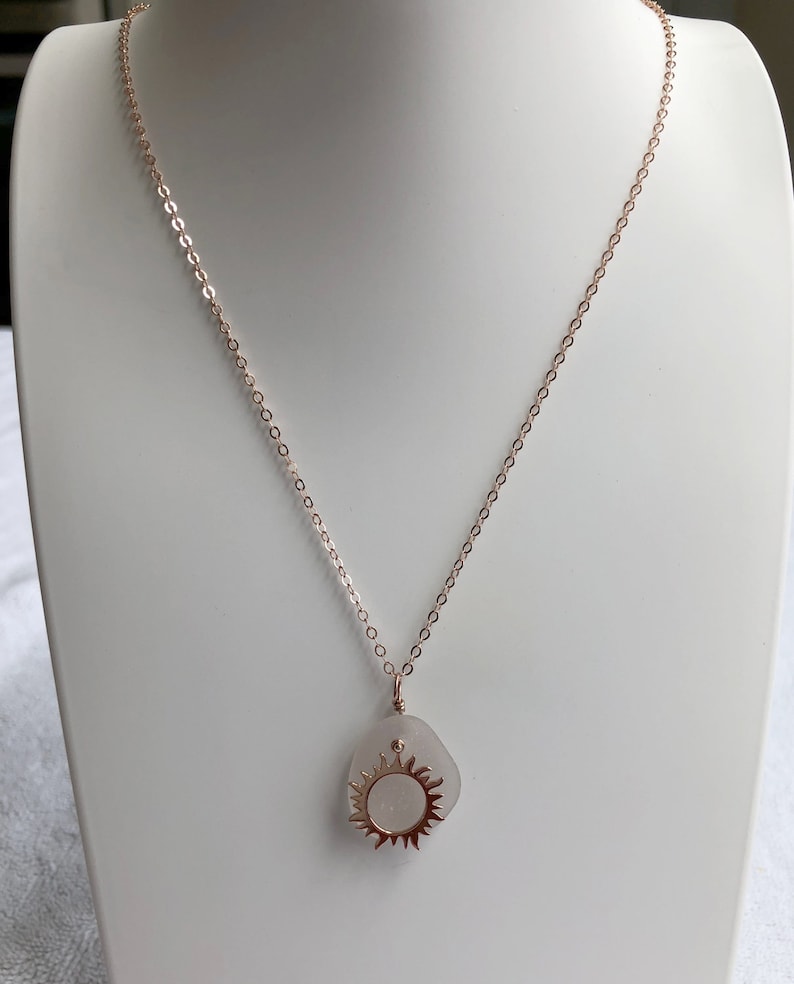 TRENDING Rose Gold Sun Charm Necklace with Rare Pink Genuine Sea Glass