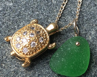 NEW! Darling Little Gold Plated Turtle with Kelly Green Genuine Sea Glass