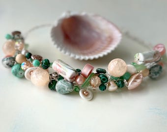 NEW! Rose Gold Peachy and Green Crochet Necklace with Genuine Sea Glass and Earrings