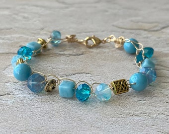 Single Strand Azure Blue with Rare Blue Genuine Sea Glass Crochet Bracelet