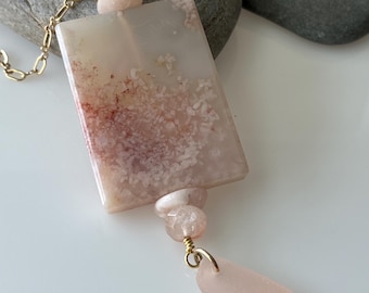 Gold Plated Cherry Blossom Agate Pendant with Rare Pink Genuine Sea Glass