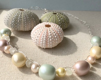 Unique Shell Pearls and Genuine White Sea Glass Crochet Necklace