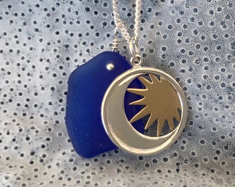 Necklace with Bronze Sun, Sterling Silver Moon, and Rare Cobalt Blue Genuine Sea Glass