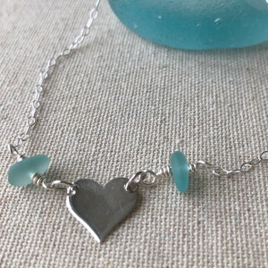 Sterling Silver Heart Charm Necklace with Teal Genuine Sea Glass