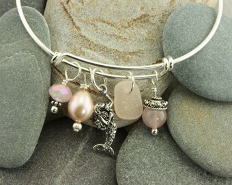 Sterling Silver Adjustable Charm Bracelet with Rare Pink Genuine Sea Glass