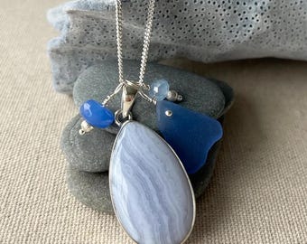 SS Blue Lace Agate with Rare Genuine Sea Glass Necklace