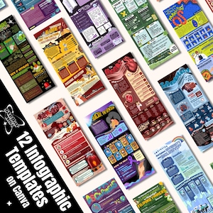 Pode incluir: Doze modelos de infográfico coloridos para Canva. Os modelos apresentam vários tópicos, incluindo reflexão pessoal, prevenção de suicídio, diversidade e inclusão, e mudança climática. Cada modelo tem um design único e inclui texto, imagens e ícones.