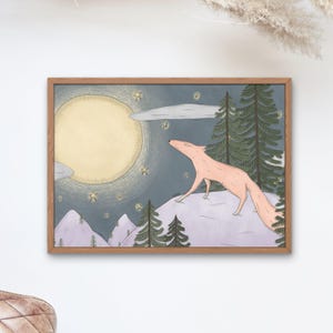 Volpe che guarda la luna, Stampa illustrata, Stampa artistica, poster, decorazione casa, illustrazione, decorazione da parete