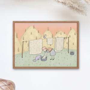 Panni sul filo, Stampa illustrata, Stampa artistica, poster, decorazione casa, illustrazione, decorazione da parete