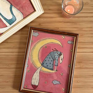 Volpe e Luna, Illustrazione originale, dipinto, poster, decorazione casa, illustrazione, decorazione da parete, quadro