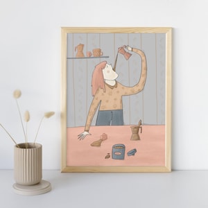 Ho bisogno di Caffé, Stampa illustrata, Stampa artistica, poster, decorazione casa, illustrazione, decorazione da parete