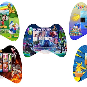 May include: Five colorful game controllers with different designs. One features Disney characters, another has the word "Naruto", and others display "Fortnite", "Sonic", and "Happy Easter" themes. Each controller has a unique background and character arrangement.