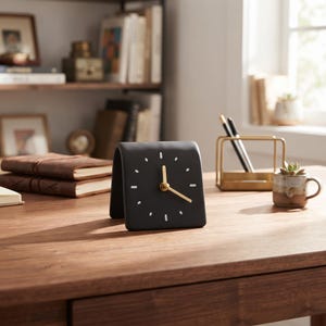 Pode incluir: Um relógio de mesa analógico preto mate, curvo e de formato quadrado, com marcadores de hora em traços brancos e ponteiros de metal dourado. O relógio apresenta um design simples e dobrado que lhe permite ficar de pé sem suporte adicional.